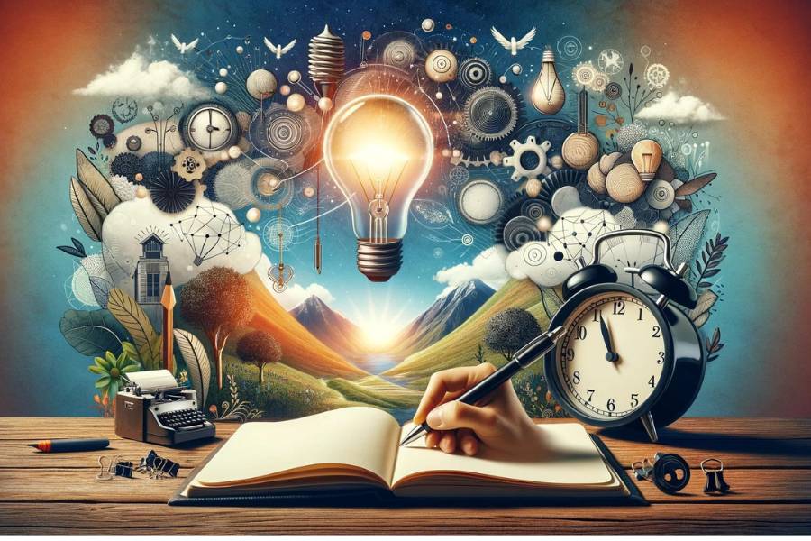Visual metaphor for overcoming writer's block, featuring a light bulb, pen and journal, serene landscape, and clock, symbolizing creativity, reflection, and the importance of routine.