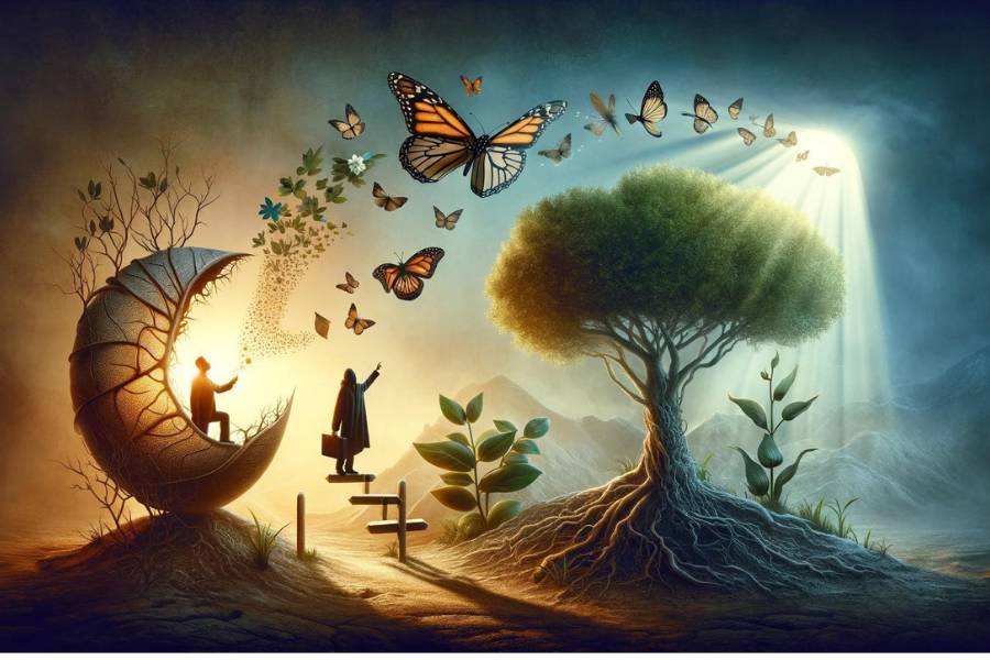 Visual representation of overcoming writer's block, featuring symbols of transformation like a butterfly, flourishing tree, and a figure stepping into light, symbolizing personal and leadership growth.
