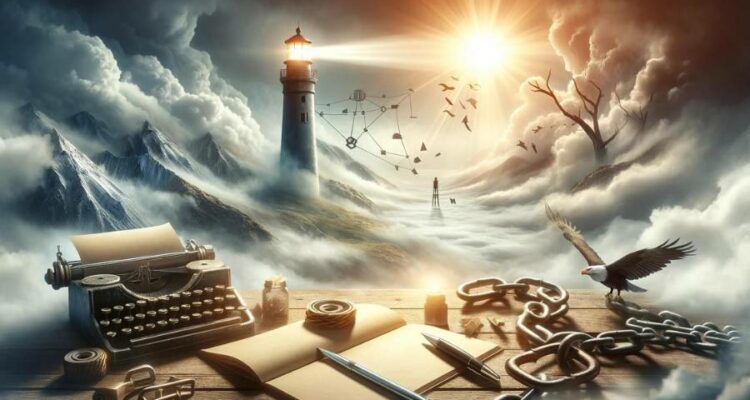 Conceptual image blending leadership symbols—a pen, journal, lighthouse through fog—with breakthrough motifs like sunrise and broken chains, evoking overcoming writer's block.
