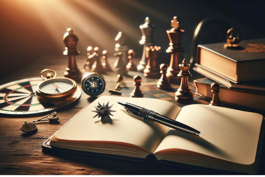 An open journal with a pen on it, a chess piece, compass, and leadership books in the background, symbolizing leadership growth and introspection.